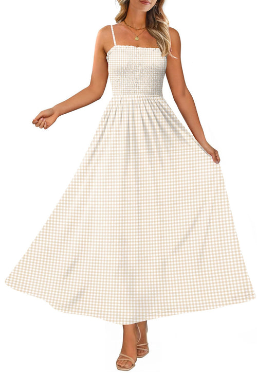 OFEEFAN Womens Spaghetti Strap Maxi Dresses Smocked with Pockets 2026 Summer Spring Casual Boho Beach Long Sundresses