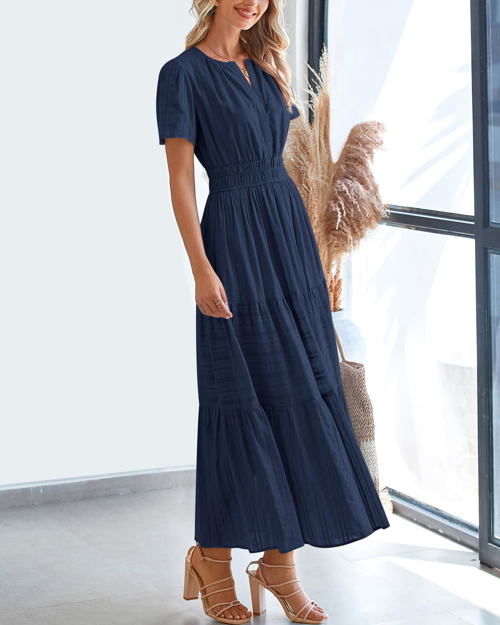 BTFBM Womens Summer 2026 Casual Midi Maxi Dresses Lightweight Short Sleeve V Neck Elastic Waist Boho Beach Dress Pockets