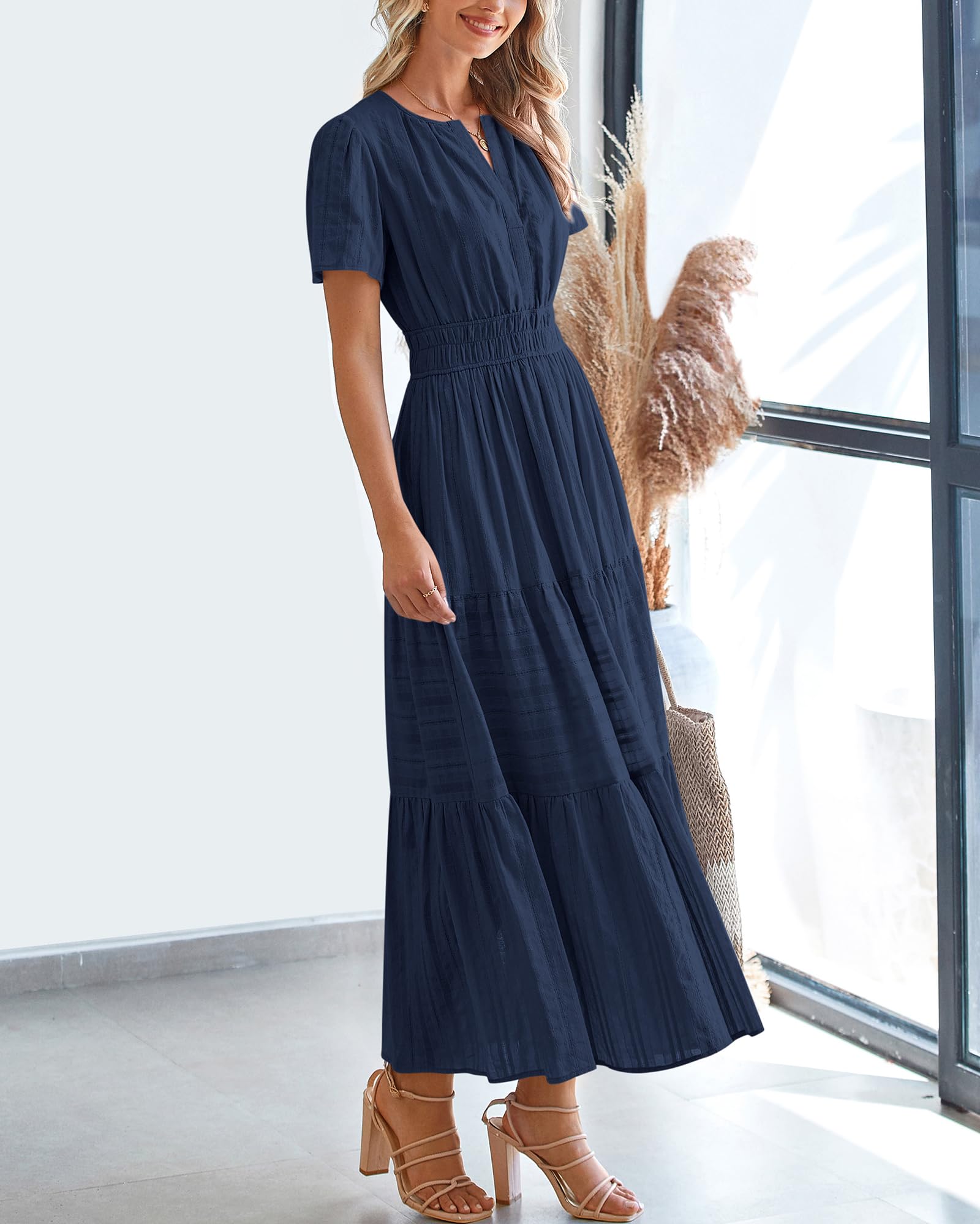 BTFBM Womens Summer 2026 Casual Midi Maxi Dresses Lightweight Short Sleeve V Neck Elastic Waist Boho Beach Dress Pockets