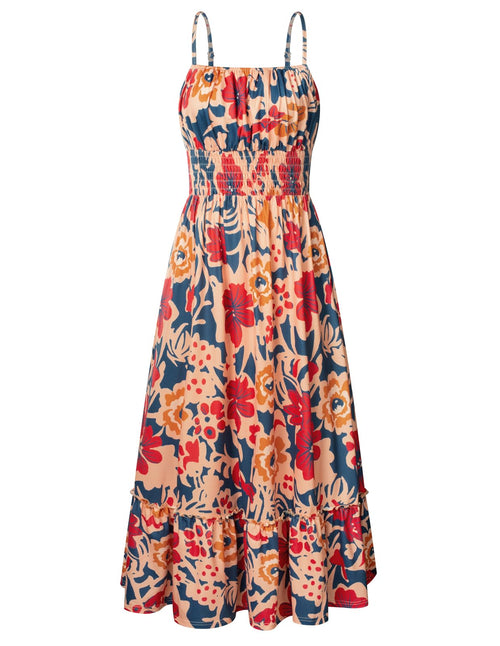 Floral Boho Smocked Maxi Dress for Summer Vacation