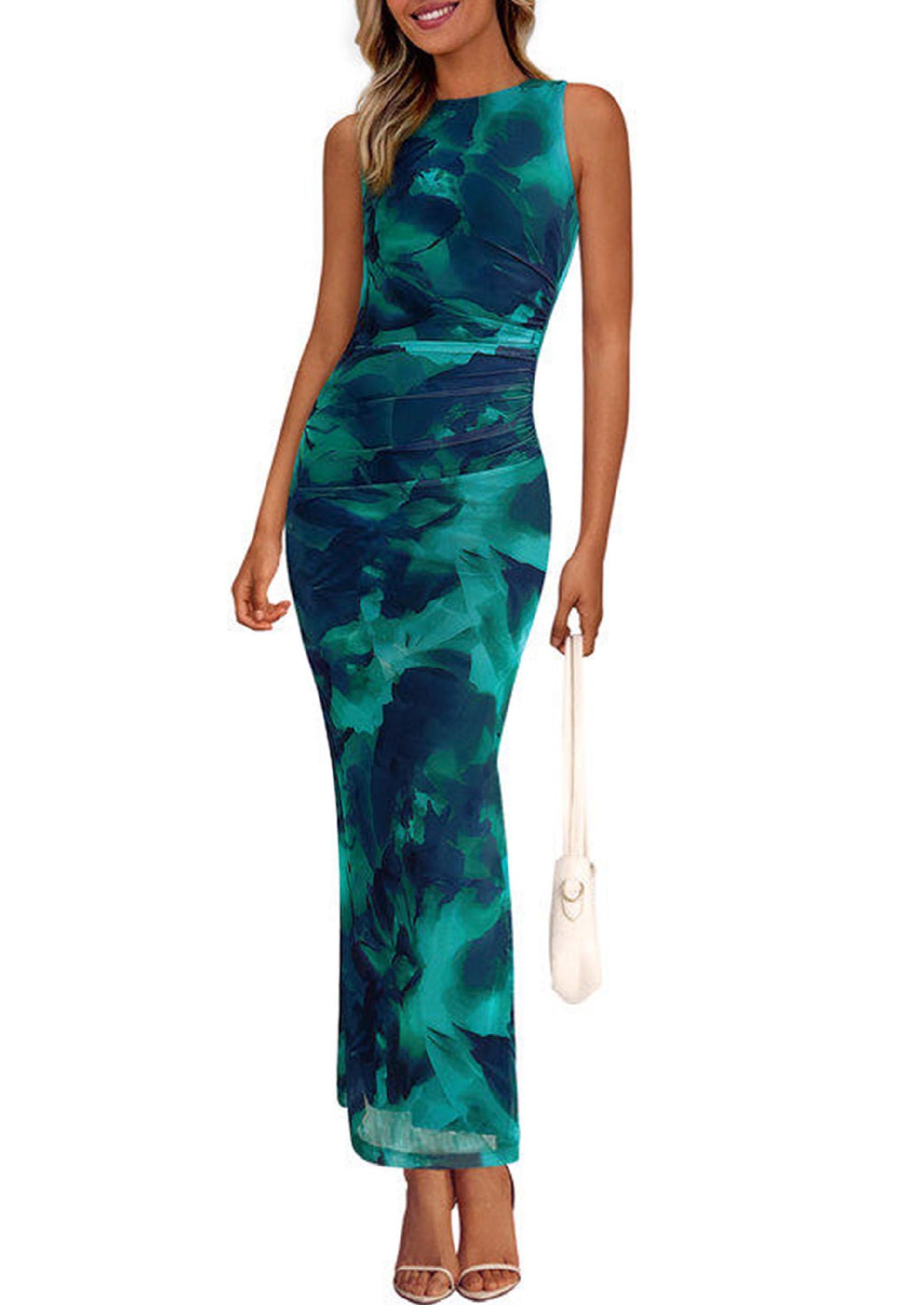 Floral Sleeveless Ruched Maxi Dress for Wedding Guests