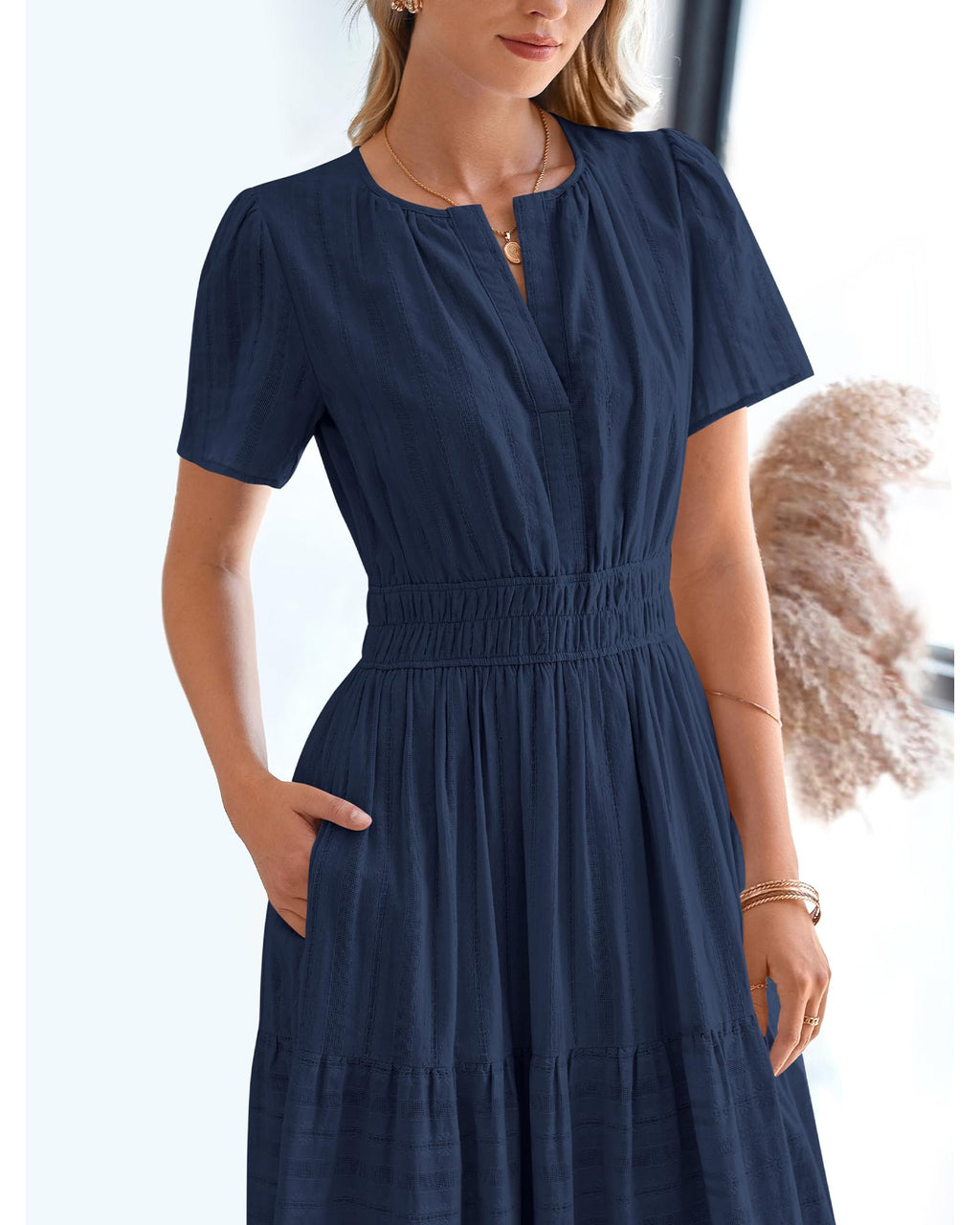 BTFBM Womens Summer 2026 Casual Midi Maxi Dresses Lightweight Short Sleeve V Neck Elastic Waist Boho Beach Dress Pockets