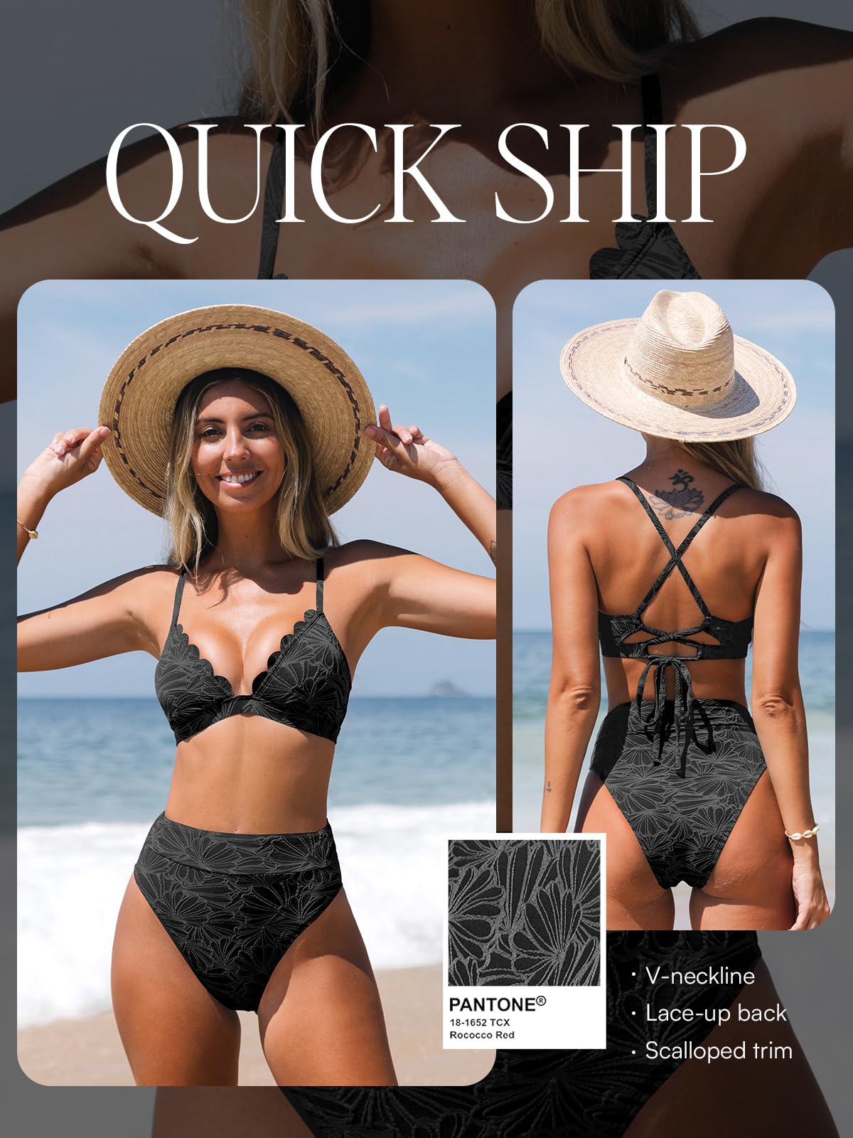 CUPSHE Bikini Set for Women Bathing Suit High Waisted Scalloped V Neck Two Pieces Swimsuit