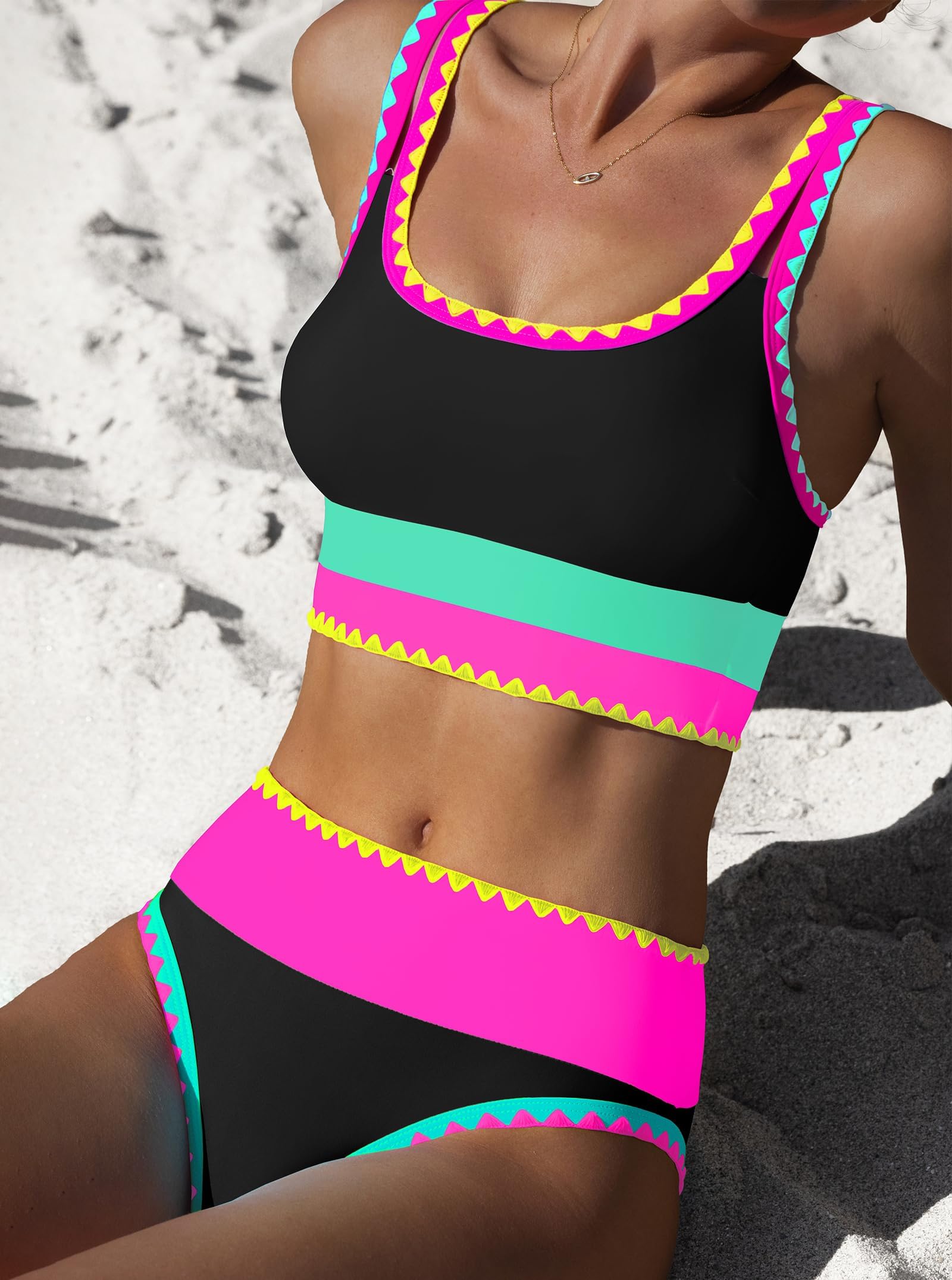 popvil High Waisted Bikini Sets for Women Tummy Control Swimsuits 3 Piece Bathing Suits Neon Swimwear with Skirt 2026