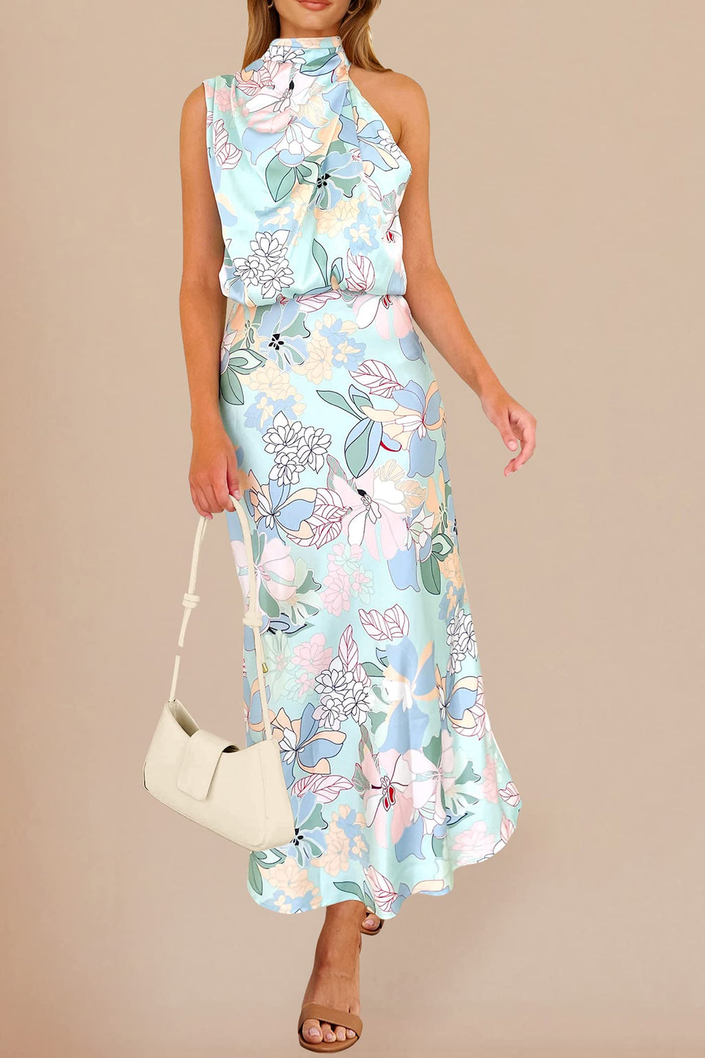 PRETTYGARDEN Women's 2026 Summer Satin Dress Elegant Sleeveless Mock Neck Cocktail Party Maxi Dresses - Print Blue