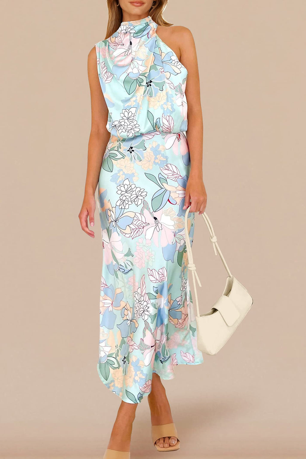 PRETTYGARDEN Women's 2026 Summer Satin Dress Elegant Sleeveless Mock Neck Cocktail Party Maxi Dresses - Print Blue