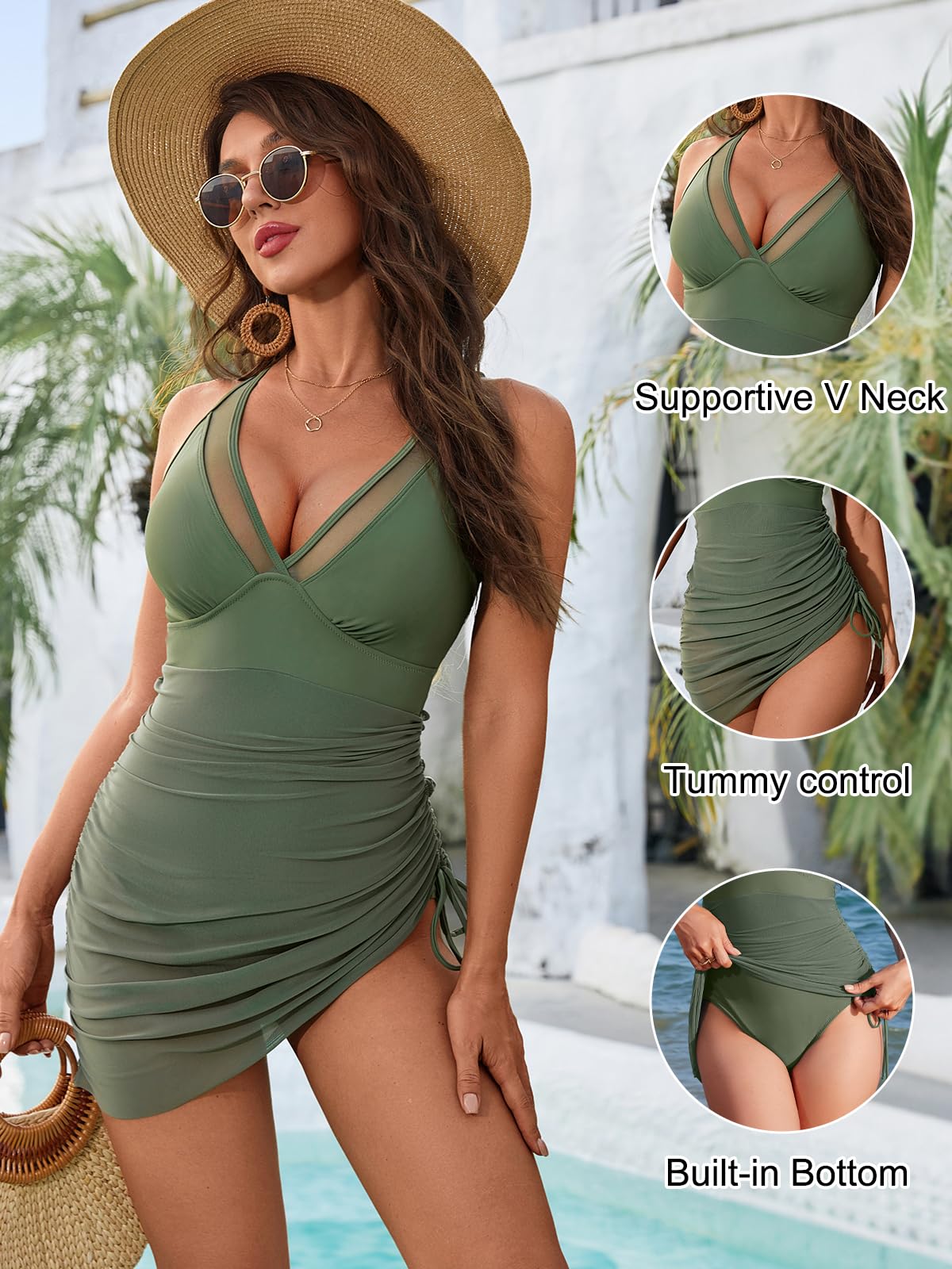 Blooming Jelly Women One Piece Swim Dress Tummy Control Swimsuits Slimming Mesh Sheer Sarong Wraps Bathing Suit - Black