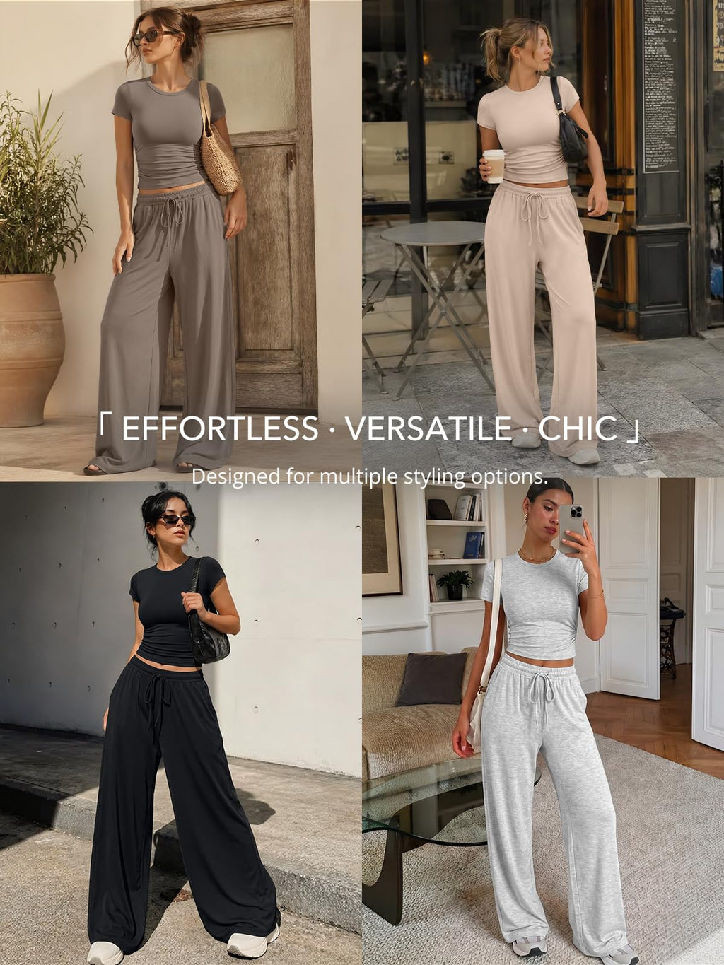 Trendy Queen 2 Piece Matching Summer Lounge Set Womens Side Ruching Top Wide Leg Pants Sets with Pockets