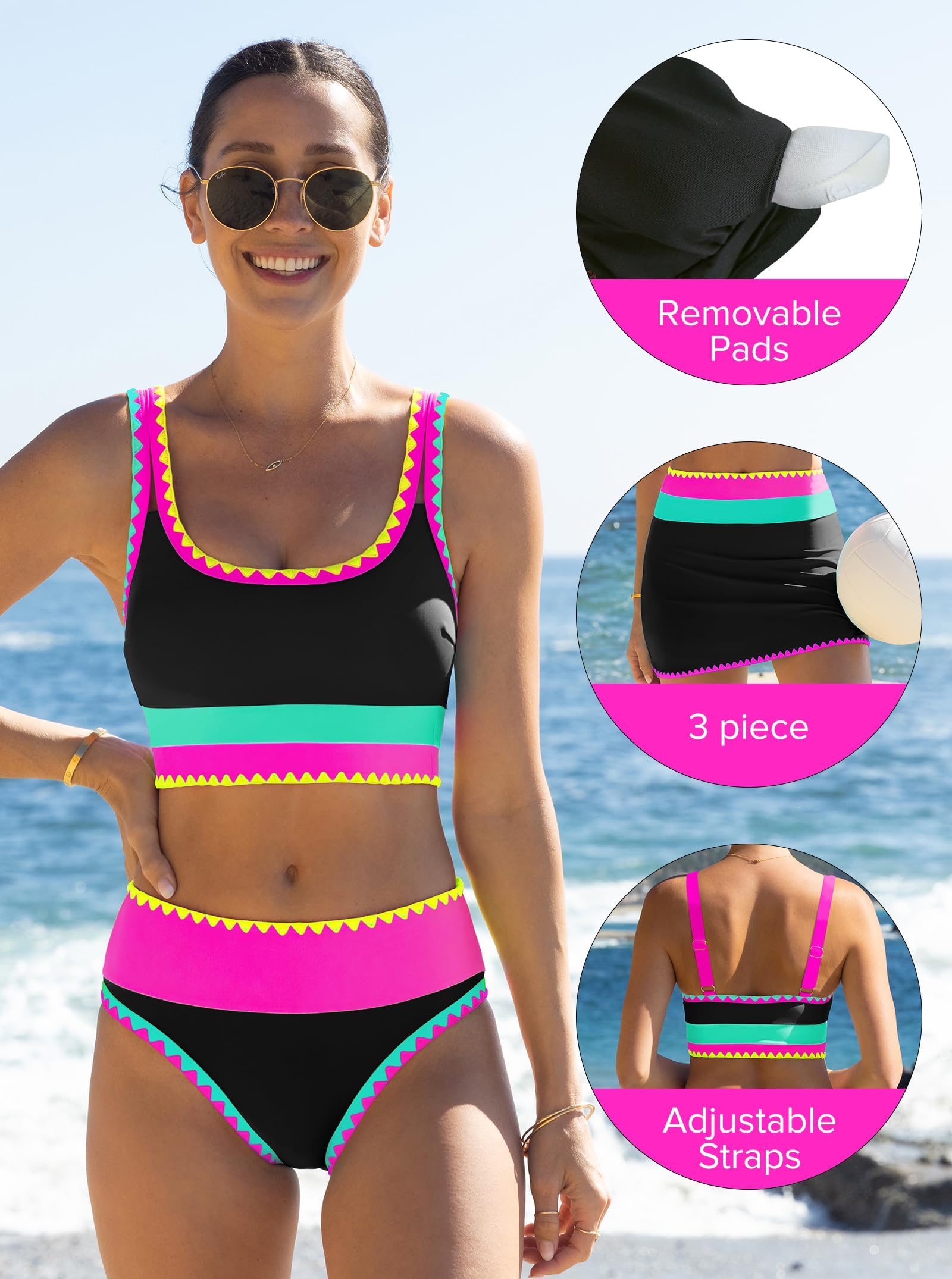 popvil High Waisted Bikini Sets for Women Tummy Control Swimsuits 3 Piece Bathing Suits Neon Swimwear with Skirt 2026