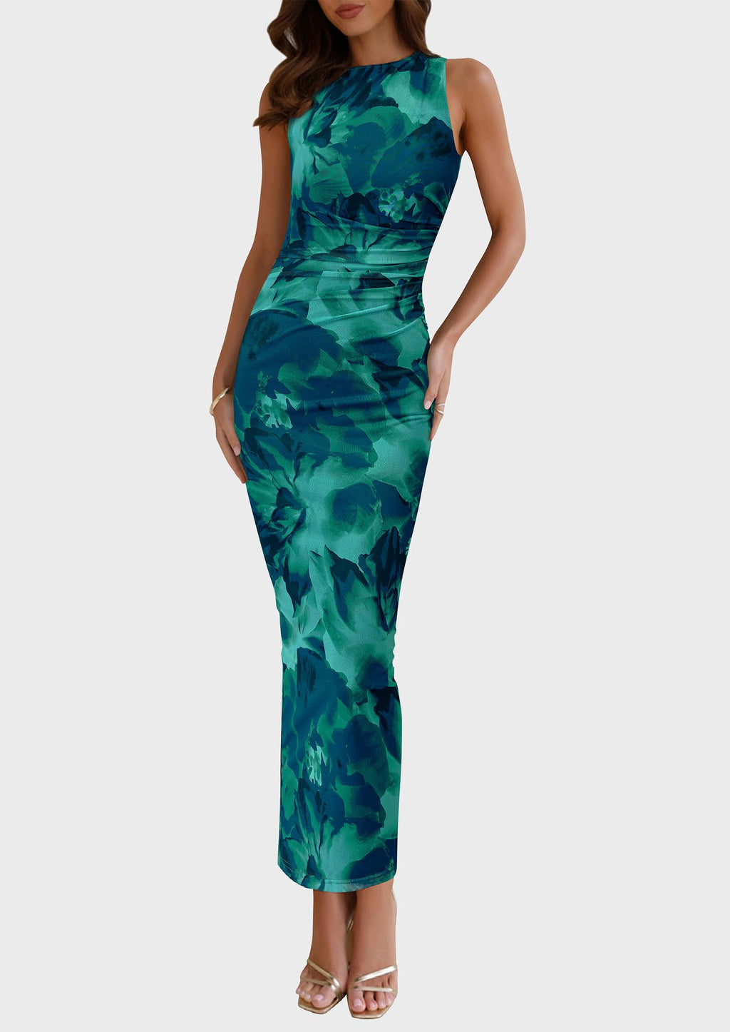 PRETTYGARDEN Womens Summer Wedding Guest Dress 2026 Spring Mesh Sleeveless Bodycon Ruched Floral Holiday Maxi Long Dresses