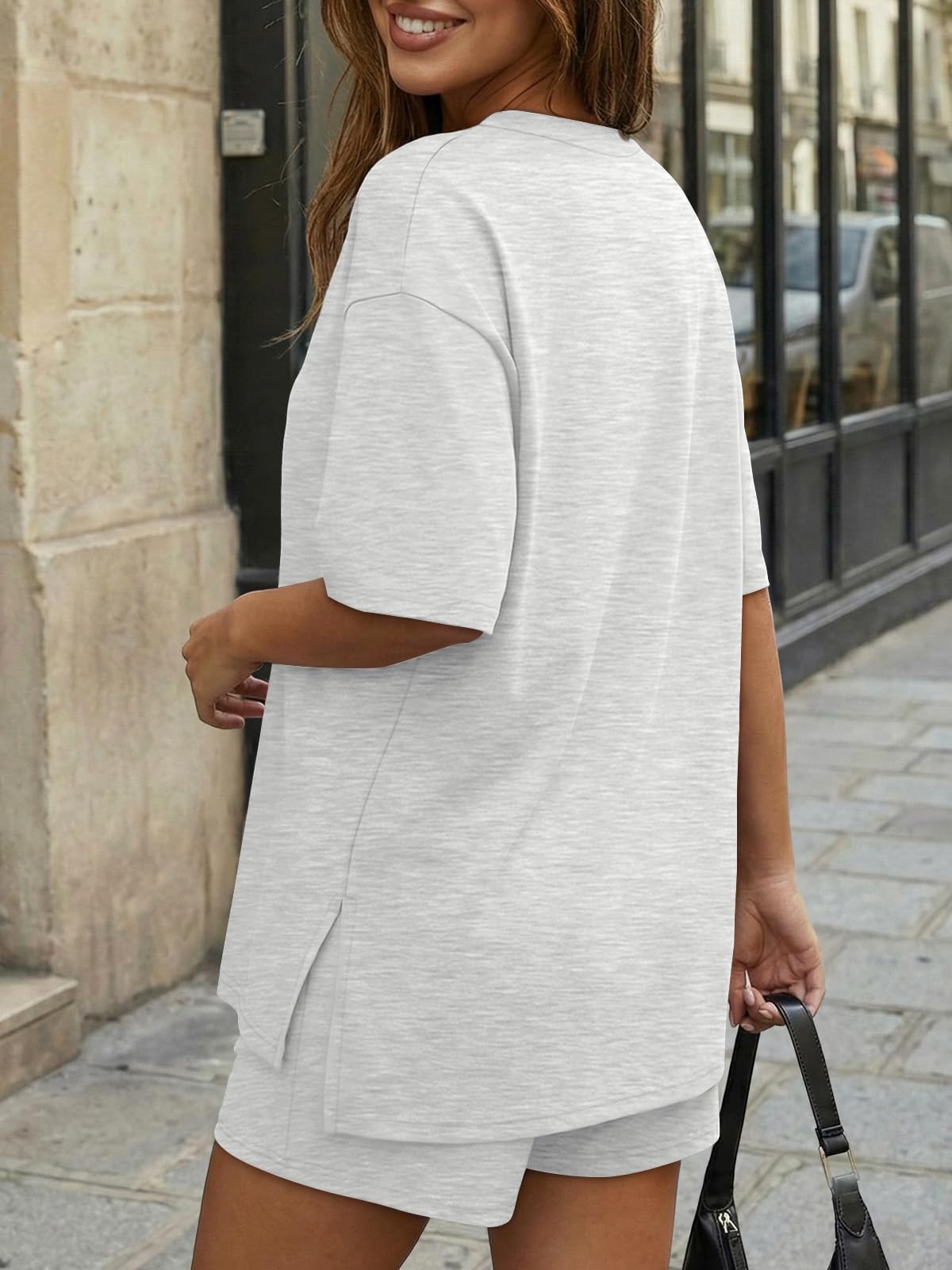 Trendy Queen 2 Piece Summer Set Oversized Top & Loose Fit Shorts with Pockets - Oatmeal Grey - B0G1BPVMD9