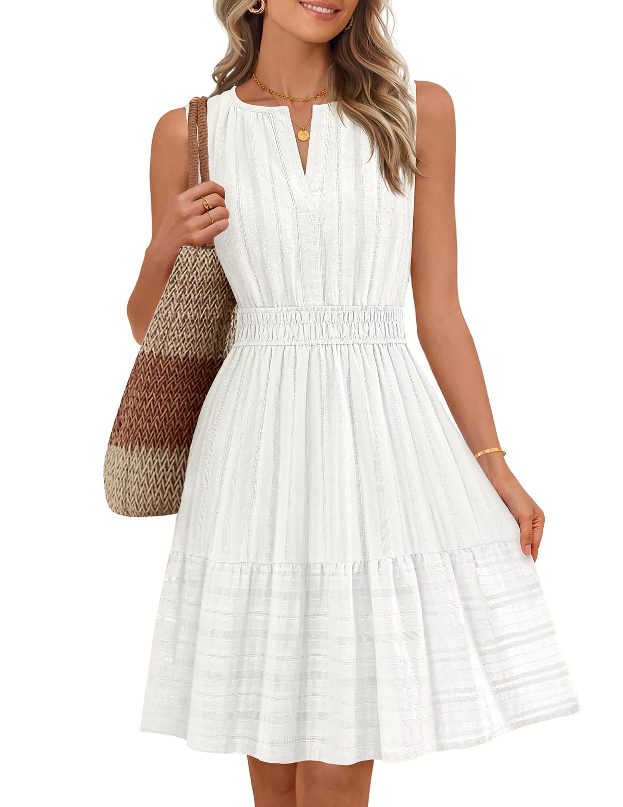 MEROKEETY Women's 2026 Summer Casual Mini Sundress Beach Vacation Sleeveless V Neck Flowy A Line Dress with Pockets - White