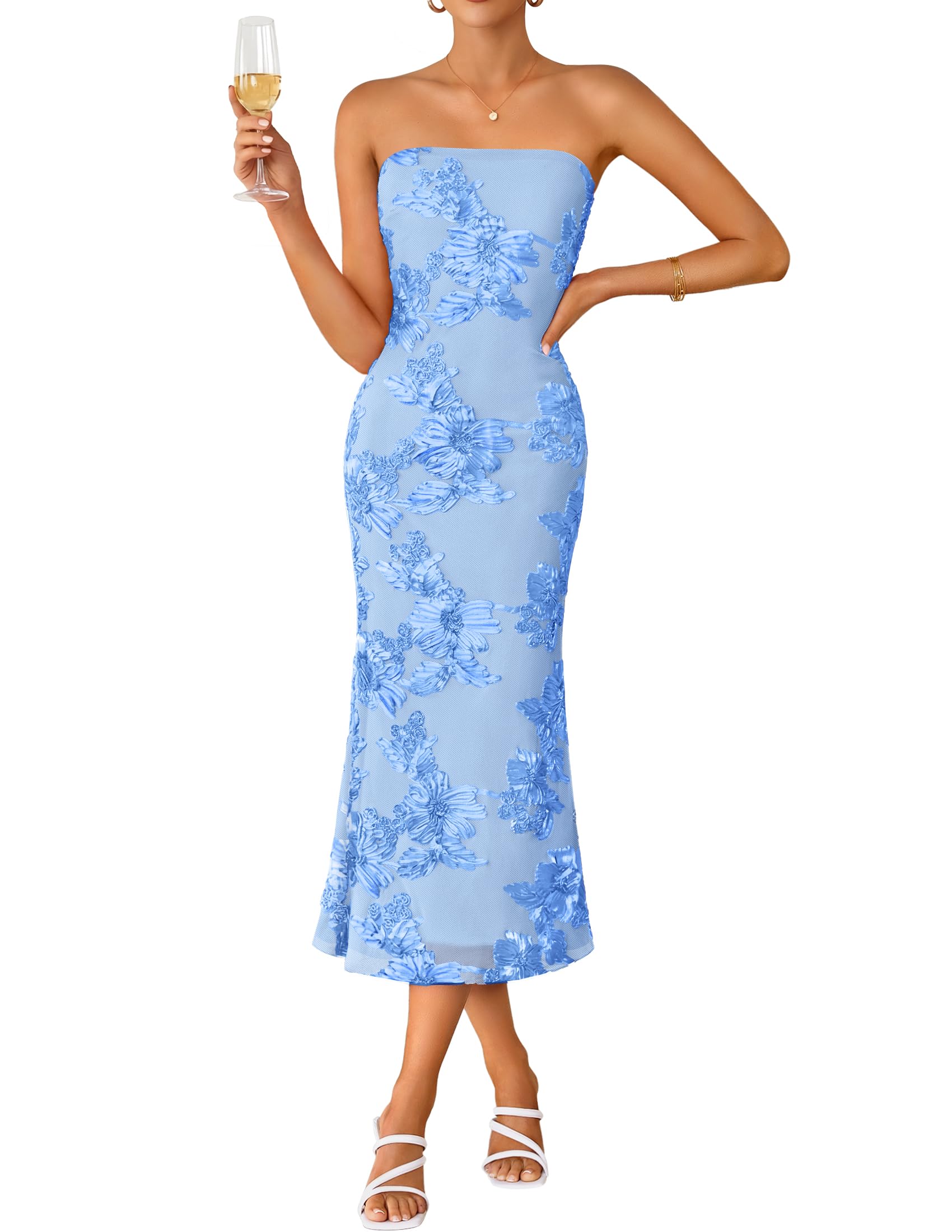 Floral Strapless Bodycon Midi Dress for Wedding Guests