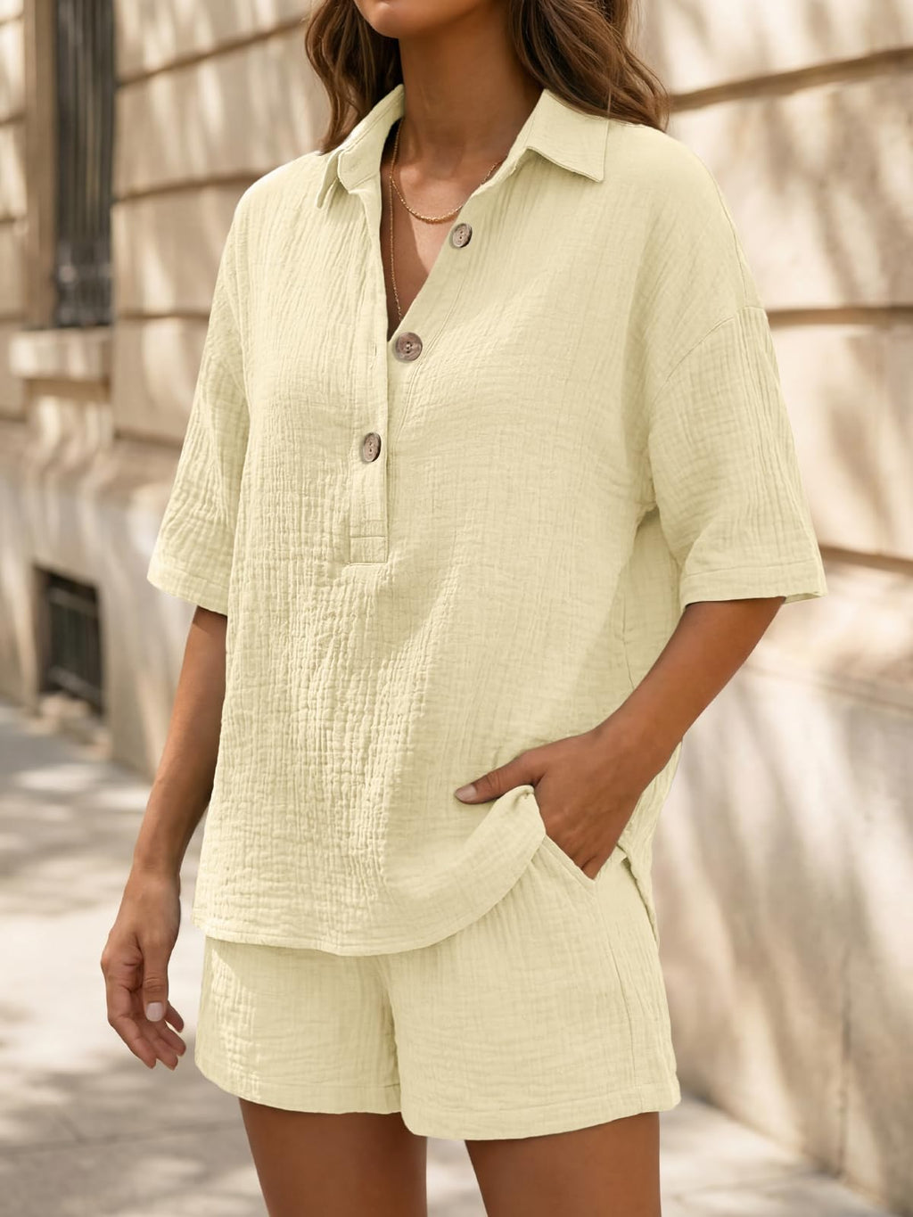 LILLUSORY Women 2 Piece Linen Short Sets 2026 Summer Vacation V Neck Short Sleeve Beach Outfits Oversized Button Cotton Pjs