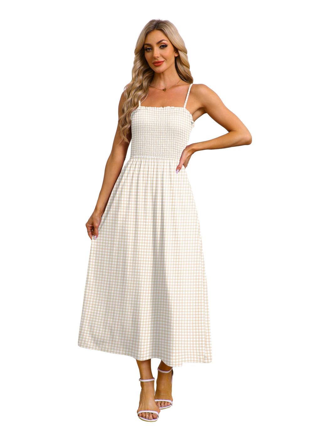 OFEEFAN Womens Spaghetti Strap Maxi Dresses Smocked with Pockets 2026 Summer Spring Casual Boho Beach Long Sundresses