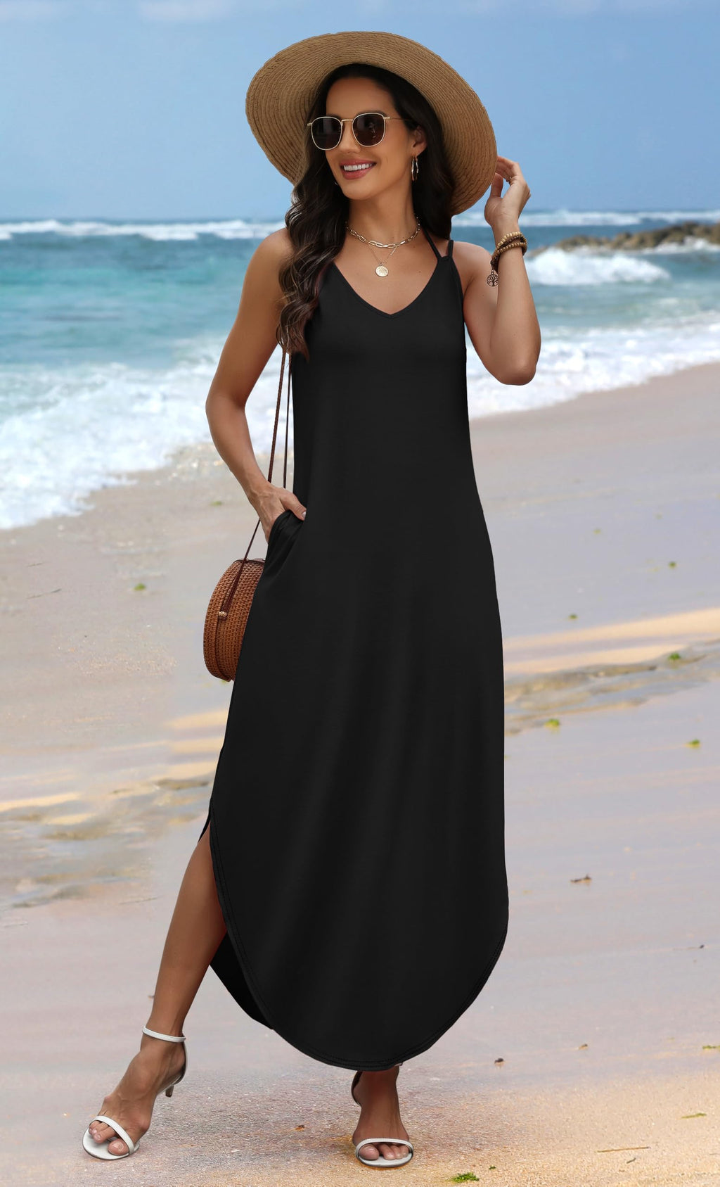 WIHOLL Summer Dresses for Women 2026 Maxi Dress Boho Halter Dress Sundresses Beach Vacation Clothes Travel Outfits - Ink Wash