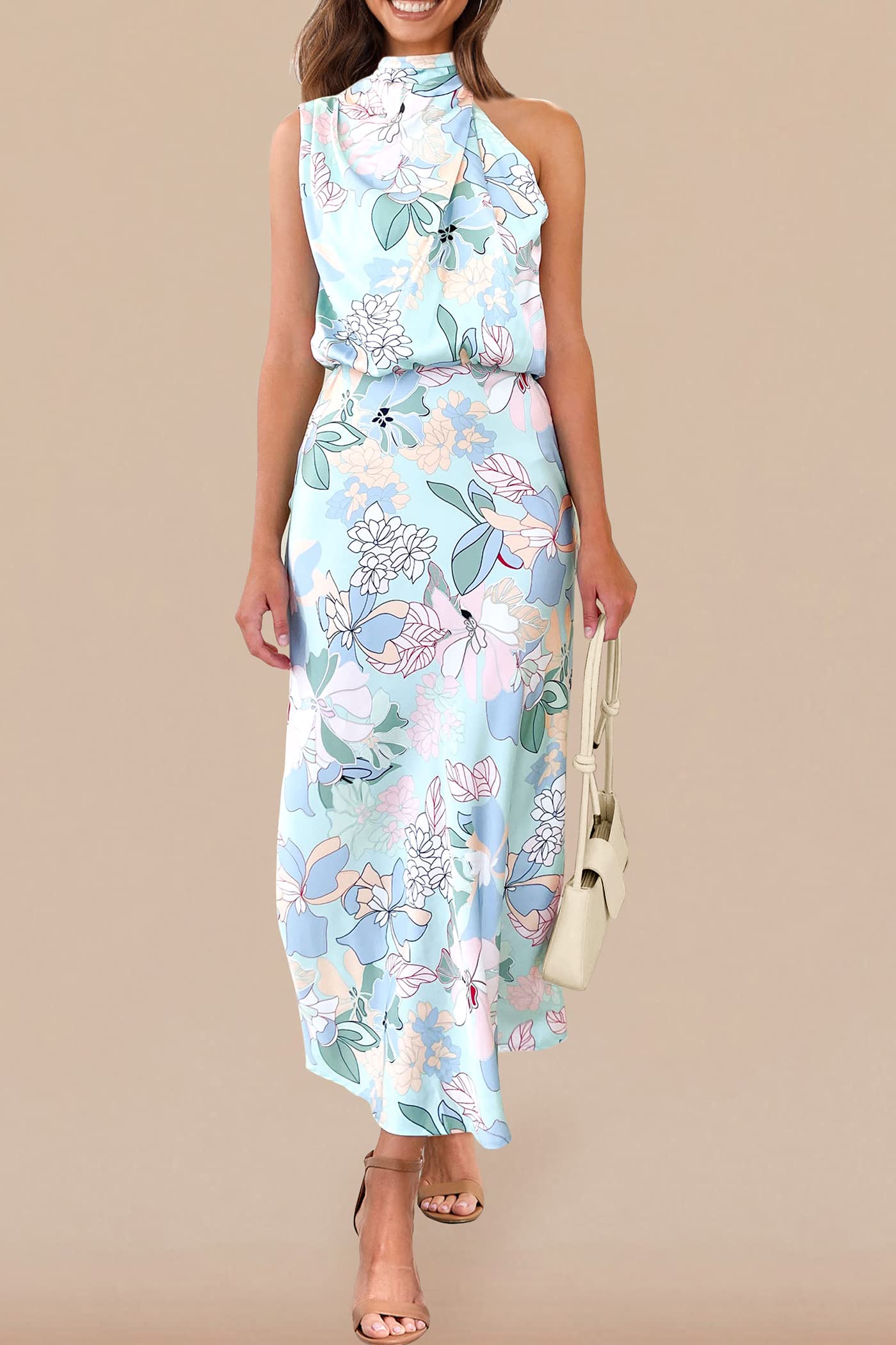 PRETTYGARDEN Women's 2026 Summer Satin Dress Elegant Sleeveless Mock Neck Cocktail Party Maxi Dresses - Print Blue