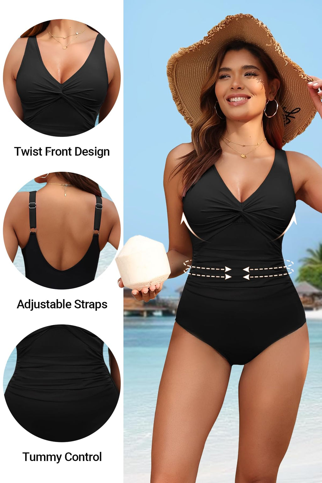 Holipick Women Tummy Control One Piece Swimsuit - Push Up Bathing Suit Full Coverage Slimming Swimwear