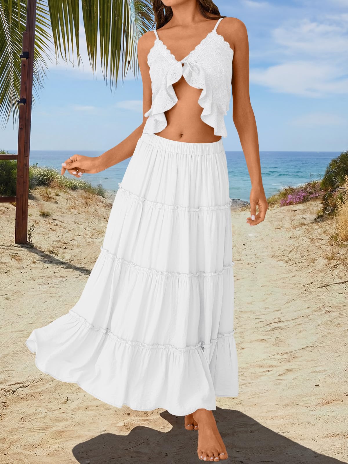 Trendy Queen Vacation Outfits Long Skirts for Women Boho Maxi Skirt Elastic High Waist Dress with Pockets Fashion