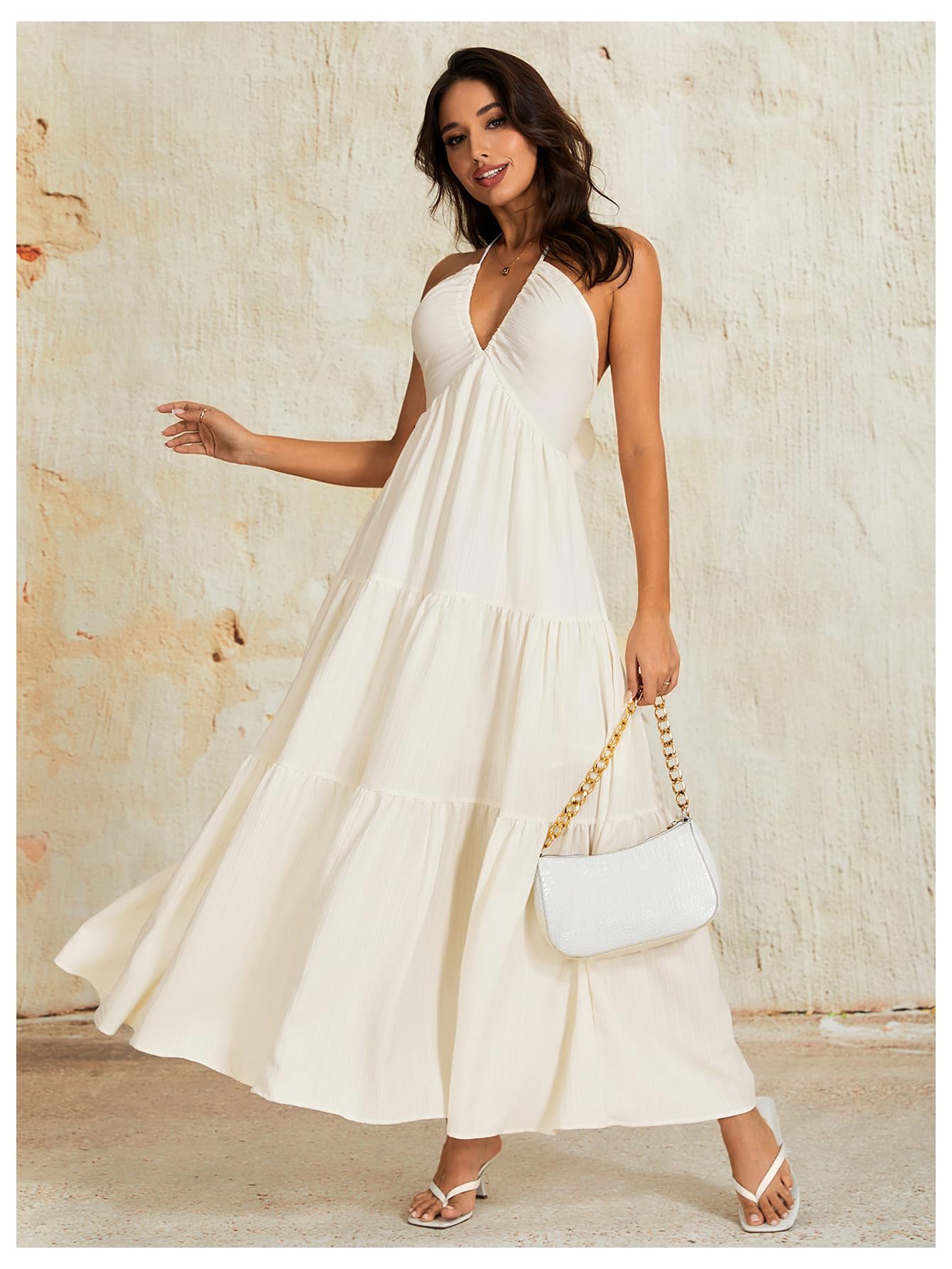 OYOANGLE Women's Summer Beach Halter Sundress Formal Wedding Guest Dress Backless Flowy Vacation Boho Maxi Dresses