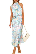 PRETTYGARDEN Women's 2026 Summer Satin Dress Elegant Sleeveless Mock Neck Cocktail Party Maxi Dresses - Print Blue