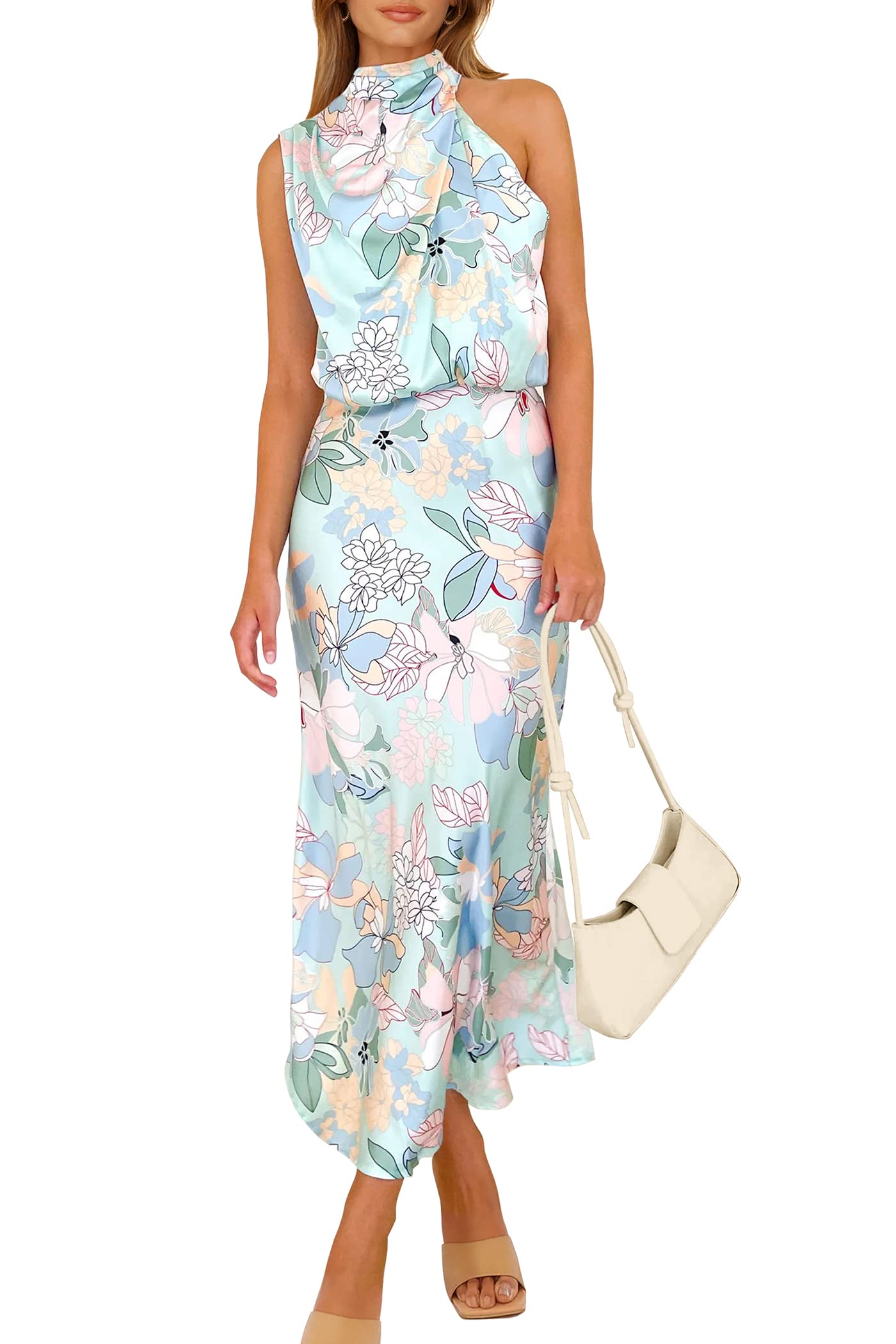 PRETTYGARDEN Women's 2026 Summer Satin Dress Elegant Sleeveless Mock Neck Cocktail Party Maxi Dresses - Print Blue