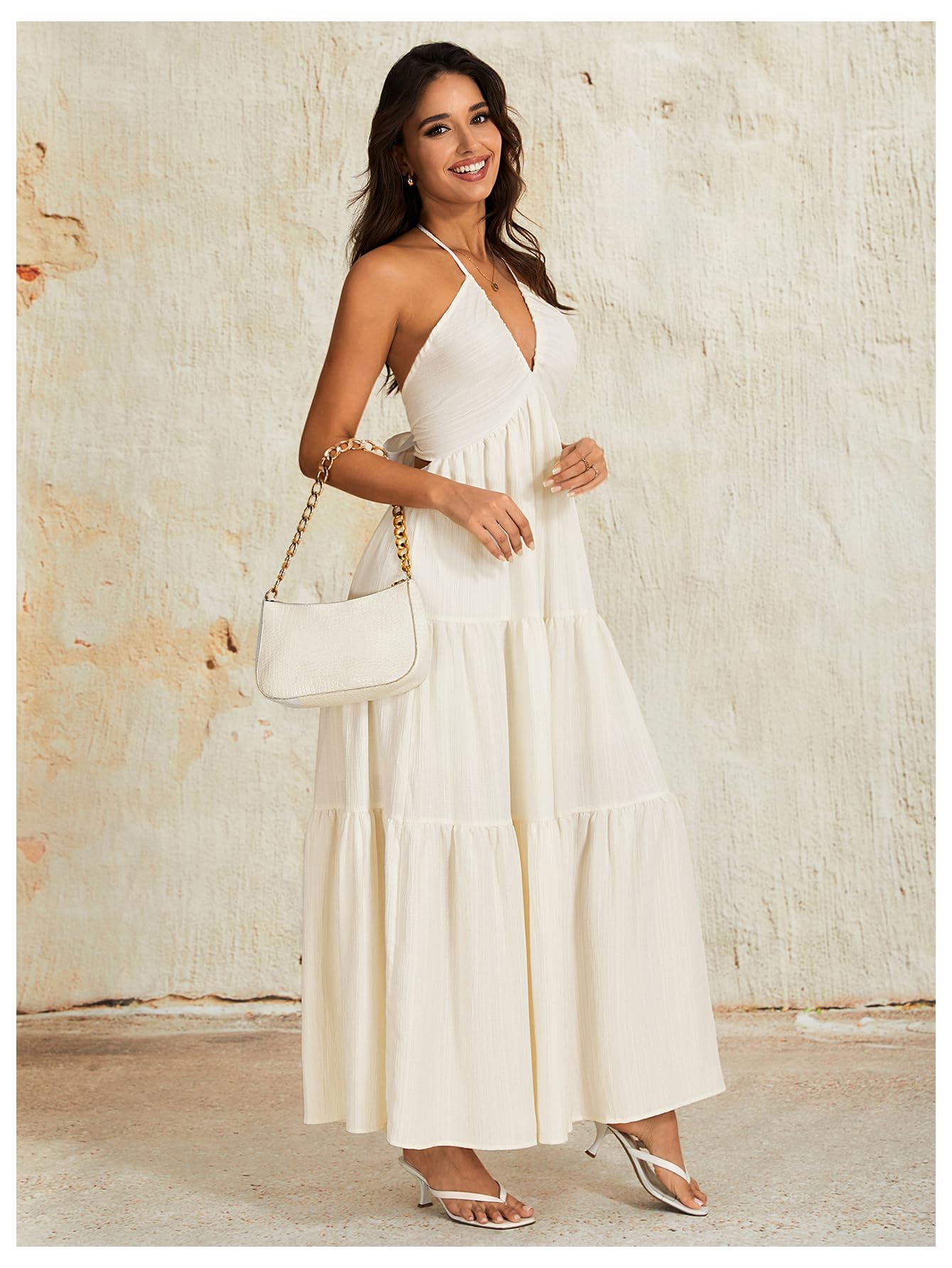 OYOANGLE Women's Summer Beach Halter Sundress Formal Wedding Guest Dress Backless Flowy Vacation Boho Maxi Dresses