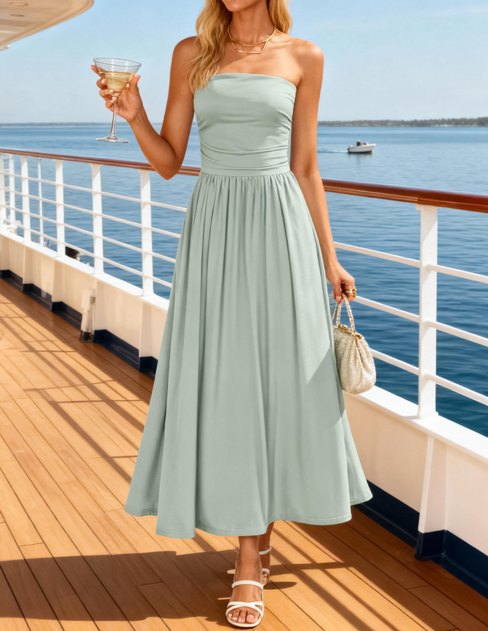 ZESICA Women's Summer Sleeveless Midi Dress 2026 Strapless Ruched A Line Flowy Wedding Guest Party Beach Long Dresses