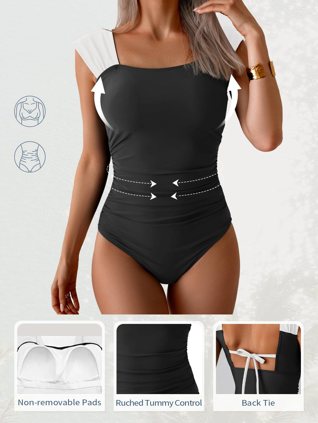 B2prity Womens One Piece Swimsuit Retro Square Neck Tummy Control Bathing Suits Ruched Modest Full Coverage Swimwear