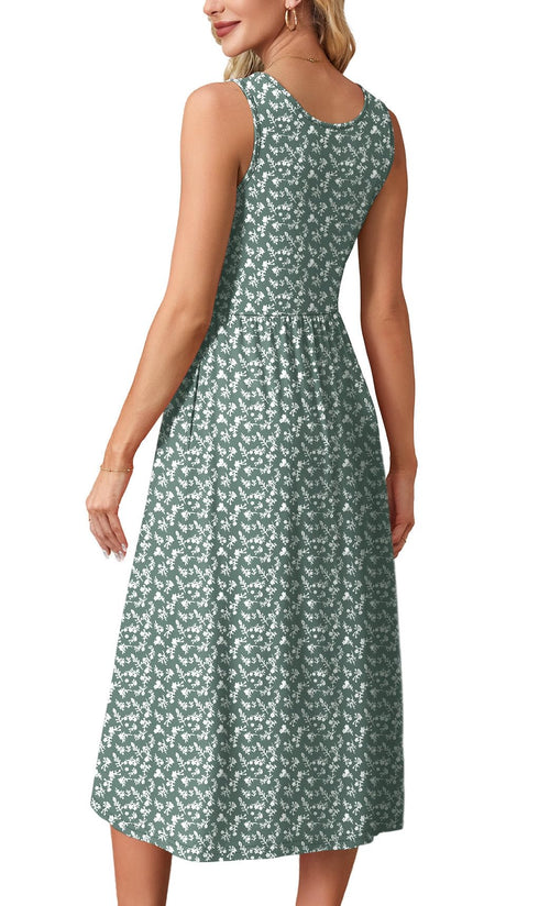 WIHOLL Summer Dresses for Women Flowy Casual Midi Dress Beach Vacation Sundresses with Pockets - Green White Print
