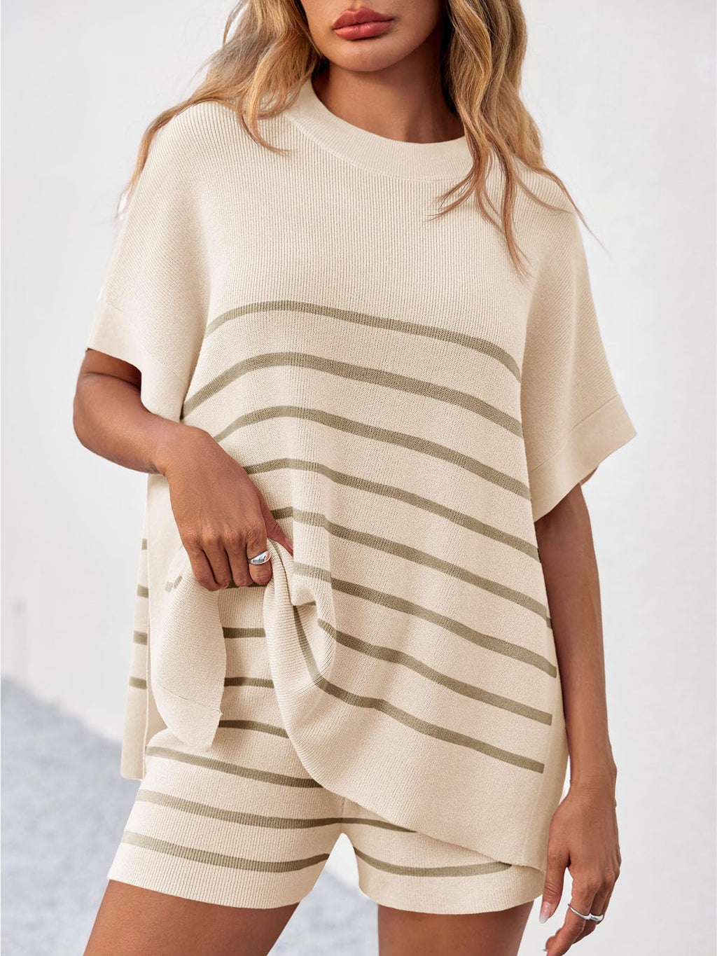 Fisoew Women's Striped 2 Piece Outfits Oversized Batwing Short Sleeve Tops High Waisted Shorts Summer Knit Lounge Short Sets