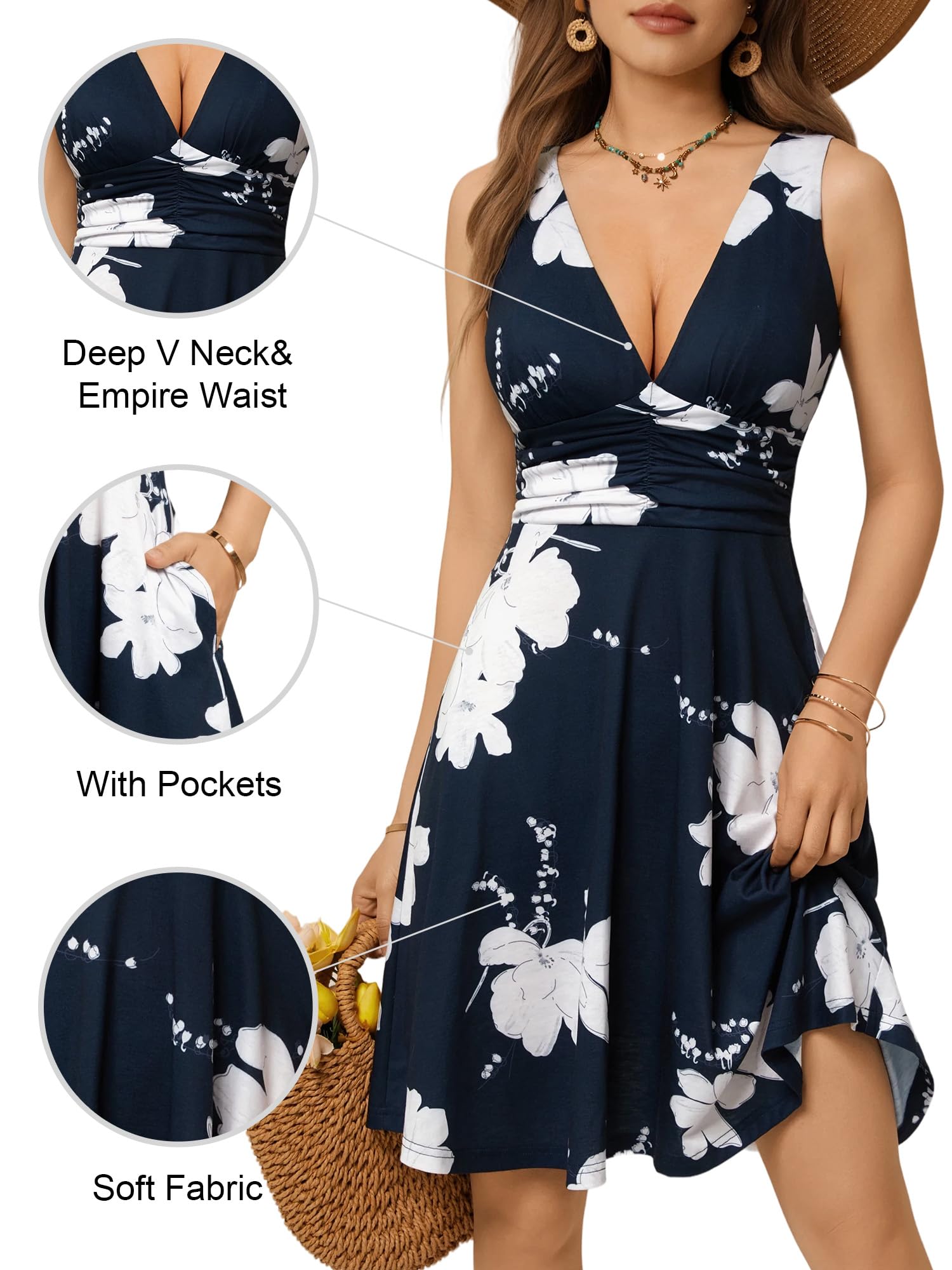 OURIN Women's Spring Deep V Neck Sleeveless Floral Sundresses with Pockets Flowy Summer Dresses for Women