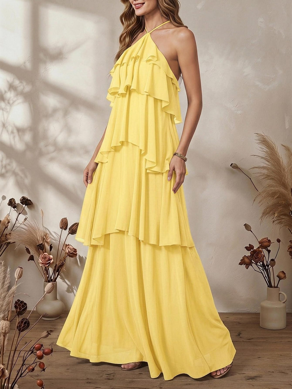 SOLY HUX Women's Wedding Guest Dress Sundresses Ruffle Layered Halter Backless Flowy Formal Maxi Dresses
