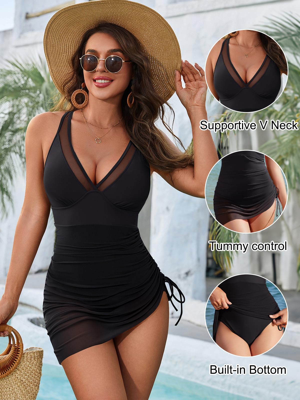 Blooming Jelly Women One Piece Swim Dress Tummy Control Swimsuits Slimming Mesh Sheer Sarong Wraps Bathing Suit - Black