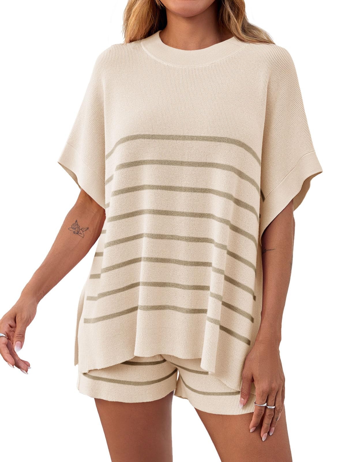 Fisoew Women's Striped 2 Piece Outfits Oversized Batwing Short Sleeve Tops High Waisted Shorts Summer Knit Lounge Short Sets