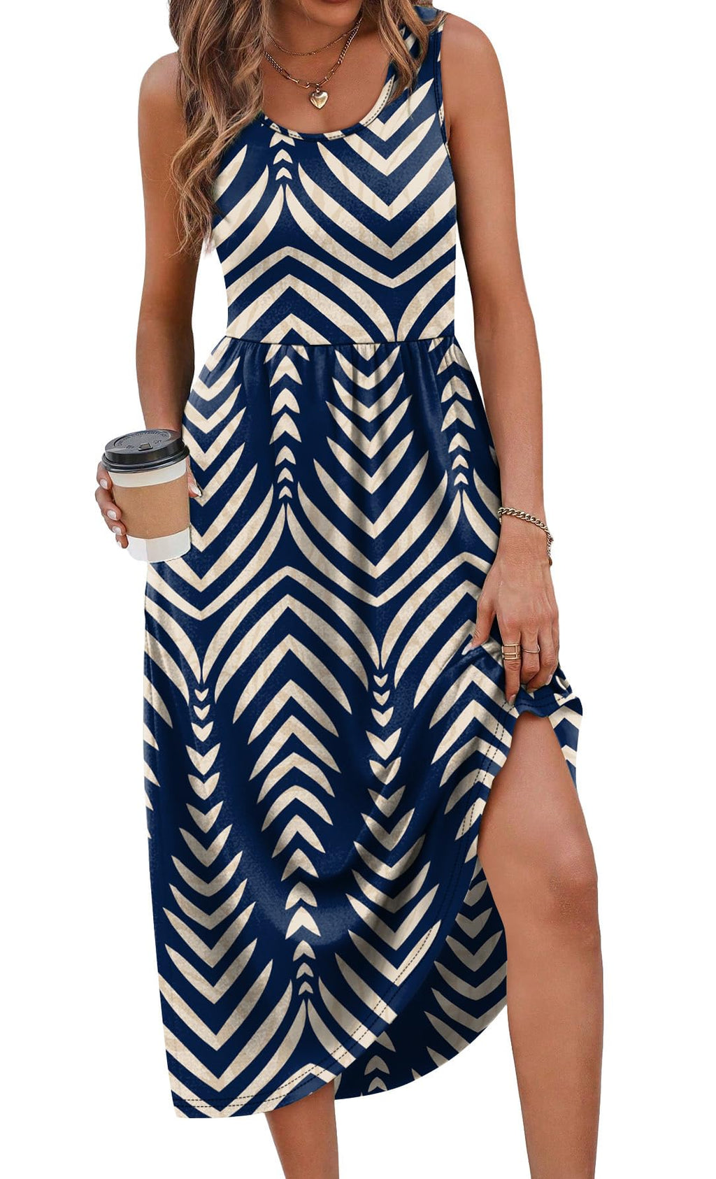 WIHOLL Summer Dresses for Women Flowy Casual Midi Dress Beach Vacation Sundresses with Pockets - Navy Print