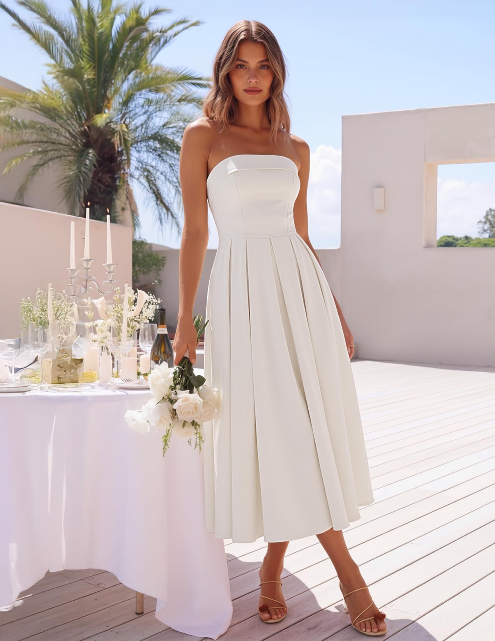 ZESICA Women's Summer Strapless Cocktail Dresses 2026 Elegant Off Shoulder Flowy A Line Wedding Guest Party Midi Dress