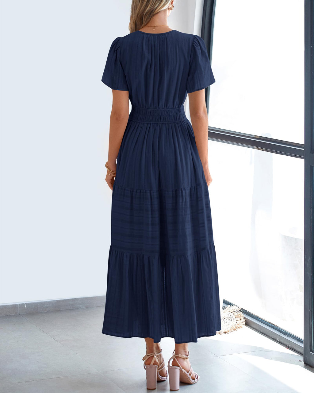 BTFBM Womens Summer 2026 Casual Midi Maxi Dresses Lightweight Short Sleeve V Neck Elastic Waist Boho Beach Dress Pockets