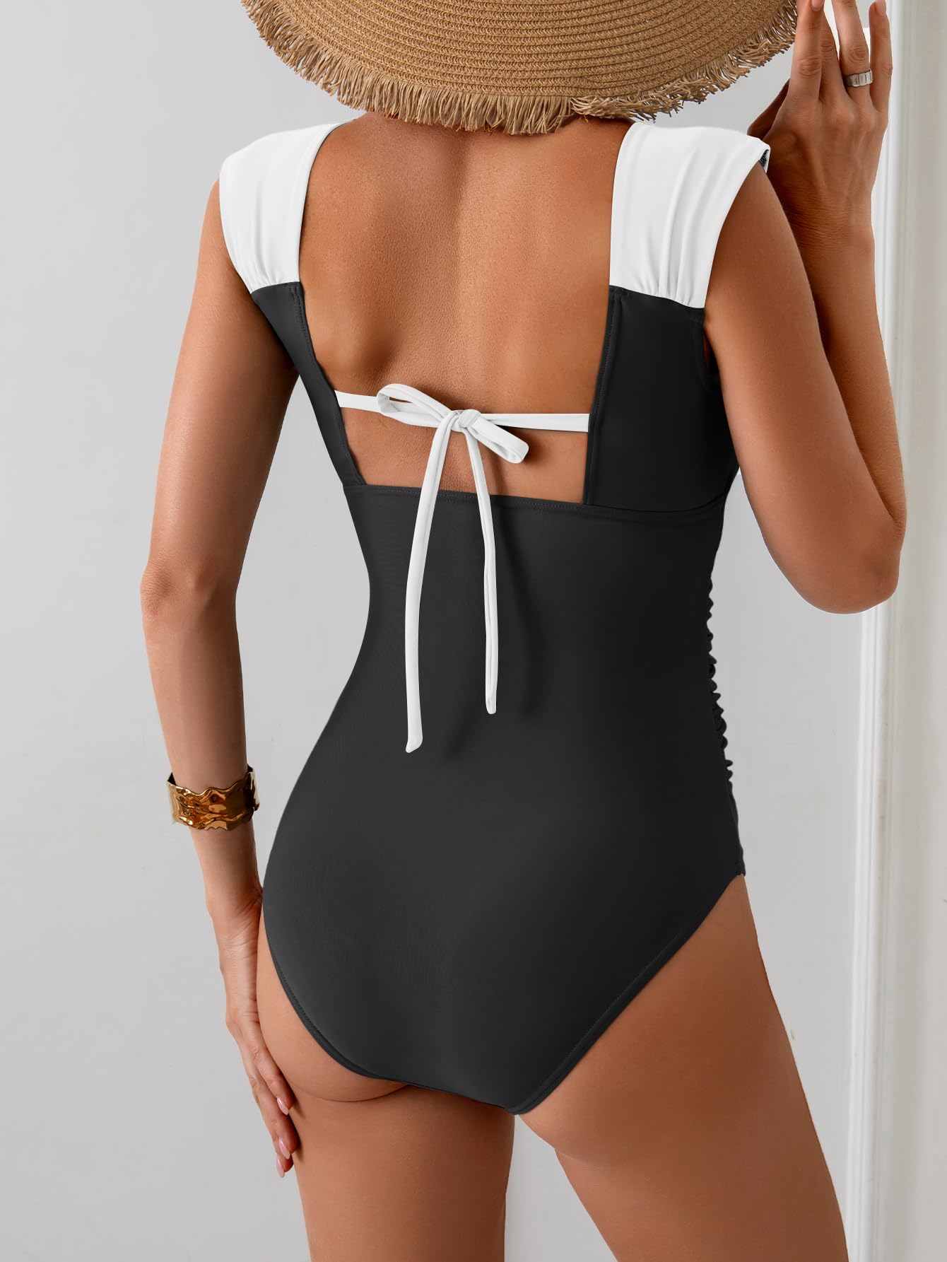 B2prity Womens One Piece Swimsuit Retro Square Neck Tummy Control Bathing Suits Ruched Modest Full Coverage Swimwear