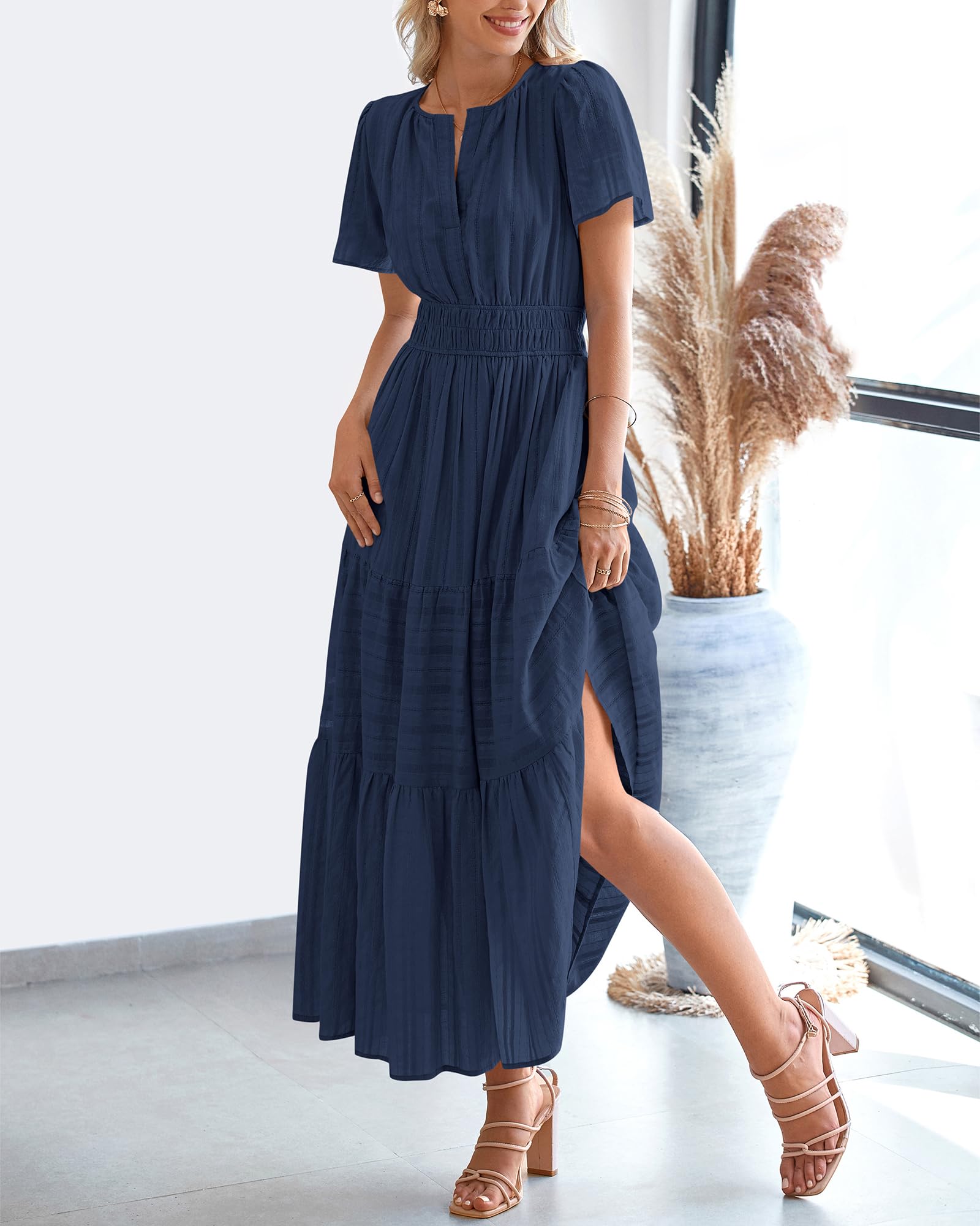 BTFBM Womens Summer 2026 Casual Midi Maxi Dresses Lightweight Short Sleeve V Neck Elastic Waist Boho Beach Dress Pockets