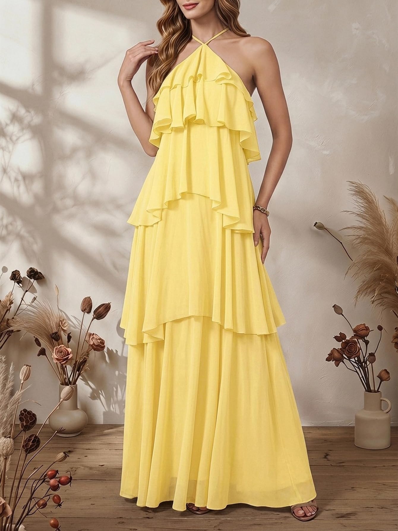 SOLY HUX Women's Wedding Guest Dress Sundresses Ruffle Layered Halter Backless Flowy Formal Maxi Dresses