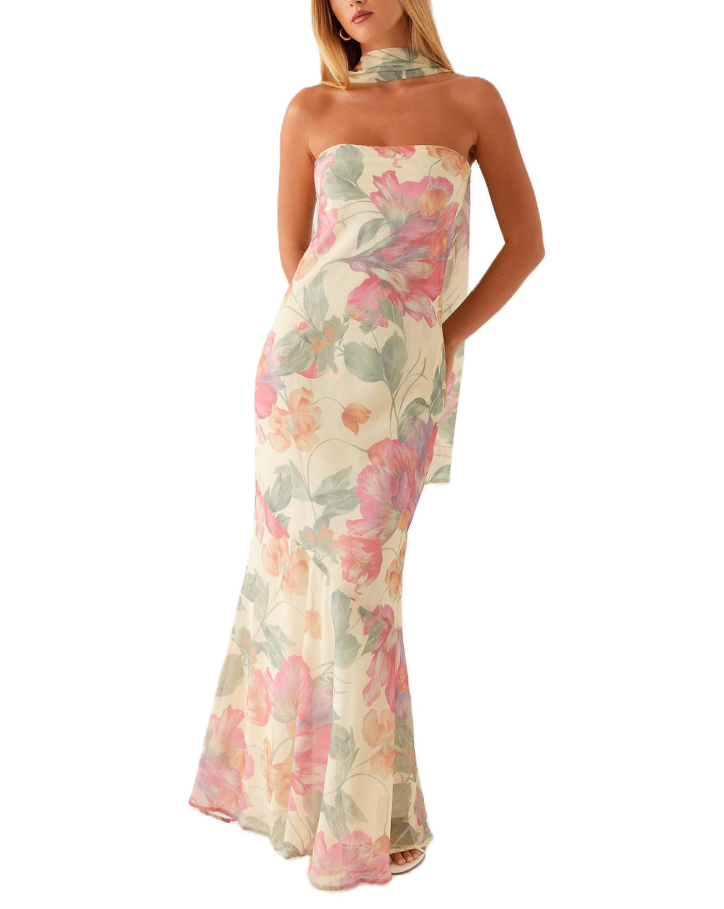 Floral Strapless Mesh Maxi Dress for Wedding Guests