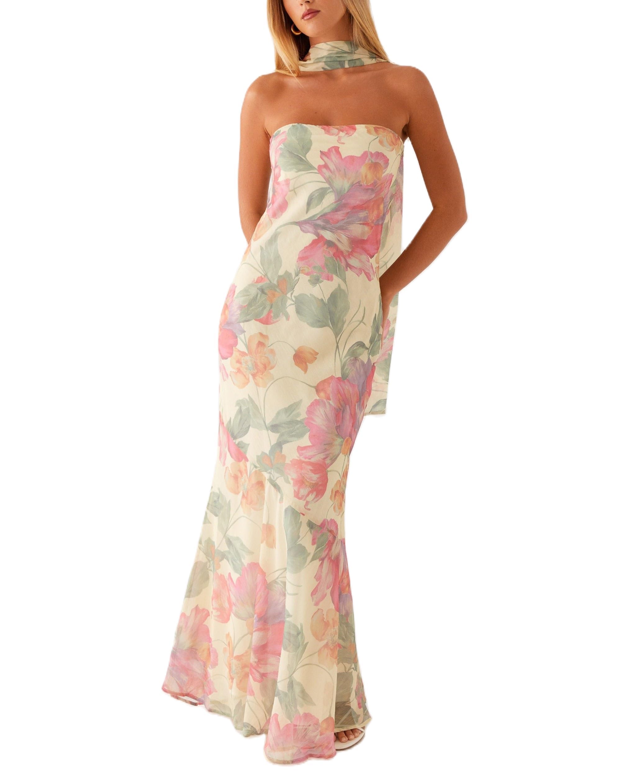Floral Strapless Mesh Maxi Dress for Wedding Guests