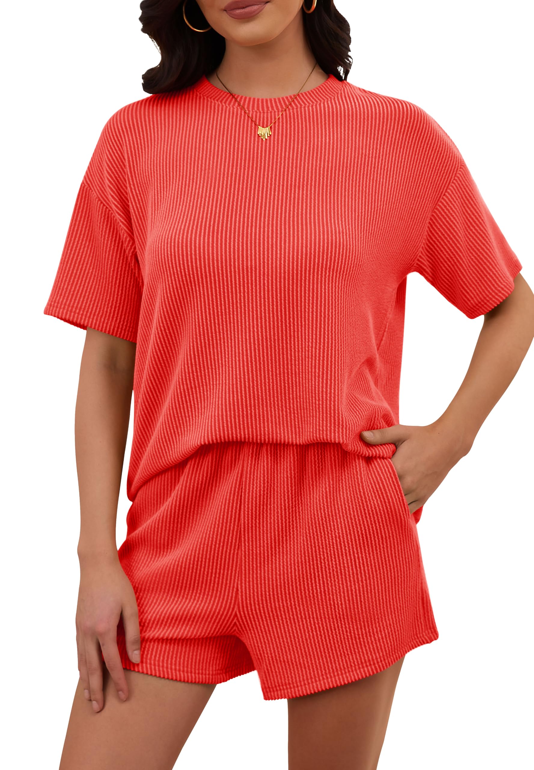 RUBZOOF Women's 2 Piece Sets Short Sleeve Outfits Ribbed Textured Knit Lounge Shorts Set Oversized Tracksuit Matching Sets