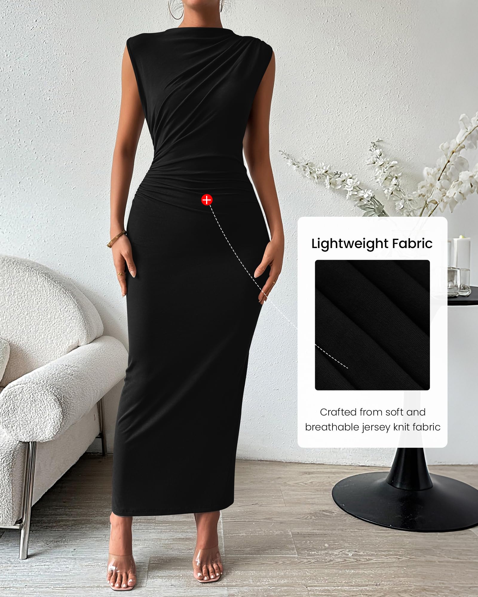 BTFBM Women Ruched Bodycon Maxi Dresses Summer Casual Sleeveless Lightweight Slit Elegant Cocktail Wedding Guest Dress