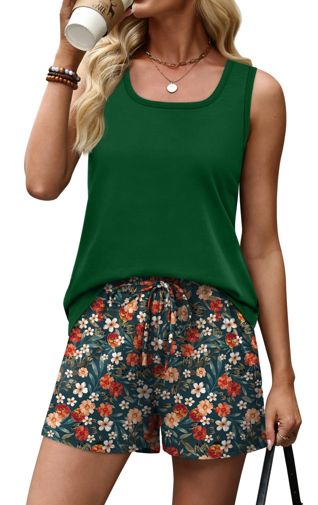 WIHOLL Two Piece Sets for Women Summer Lounge Short Sets Tank Square Neck Sleeveless Sweatsuit with Pocket