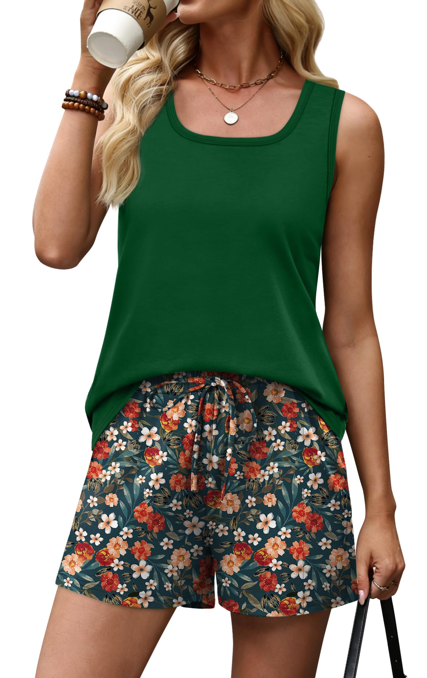 WIHOLL Two Piece Sets for Women Summer Lounge Short Sets Tank Square Neck Sleeveless Sweatsuit with Pocket