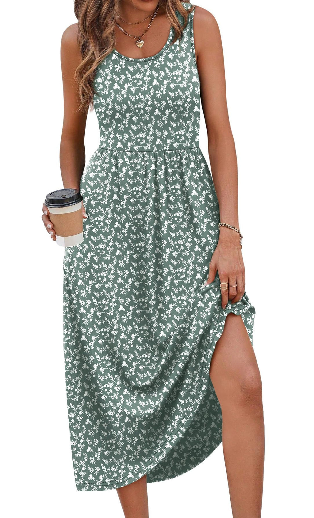 WIHOLL Summer Dresses for Women Flowy Casual Midi Dress Beach Vacation Sundresses with Pockets - Navy Print