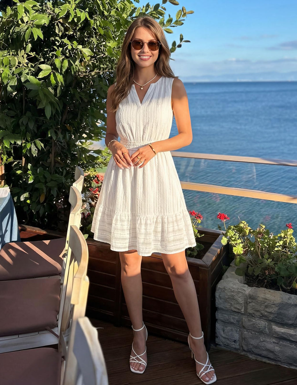 MEROKEETY Women's 2026 Summer Casual Mini Sundress Beach Vacation Sleeveless V Neck Flowy A Line Dress with Pockets - White