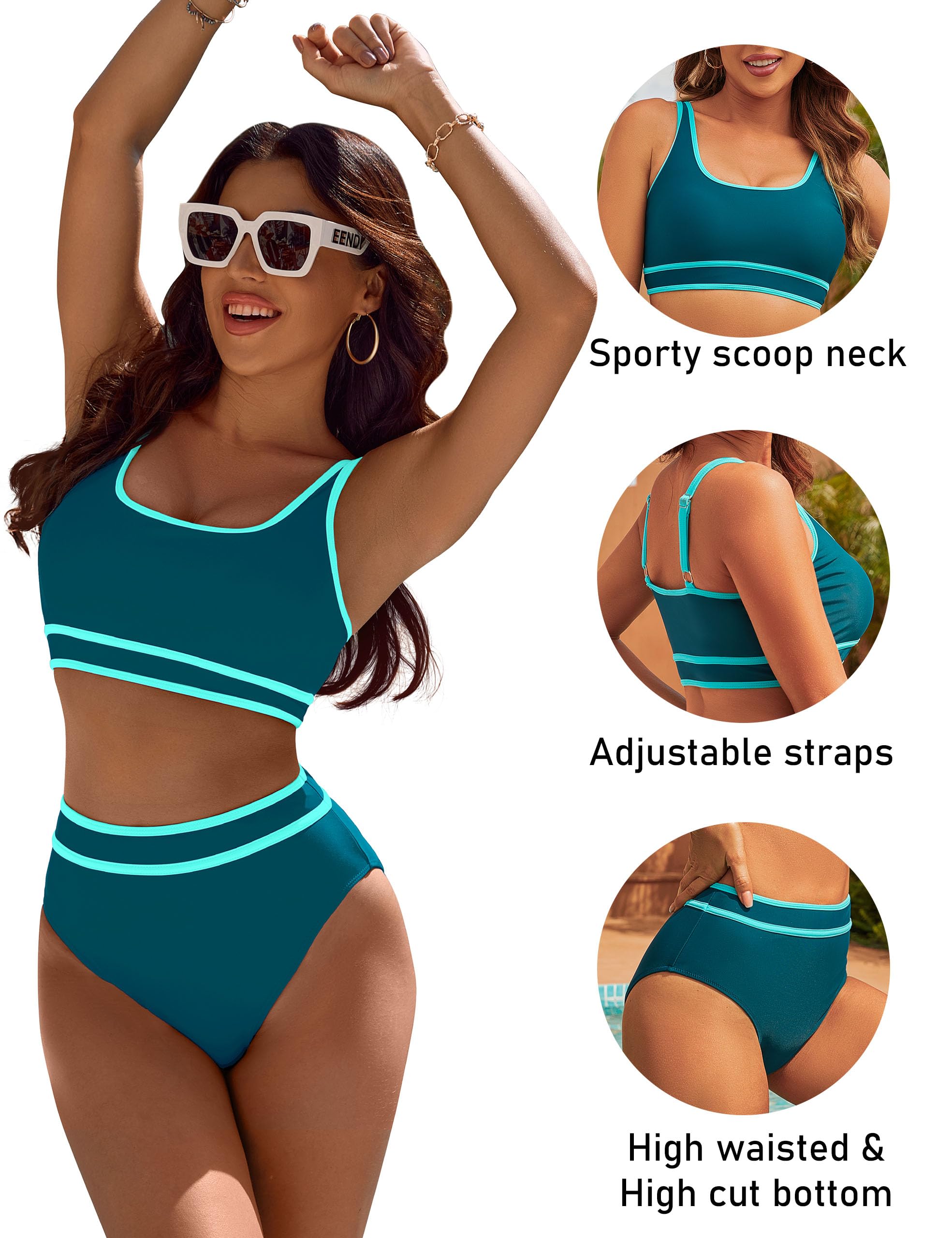 BMJL Women's High Waisted Bikini Sets Sporty Two Piece Swimsuits Color Block Tummy Control Modest Bathing Suit